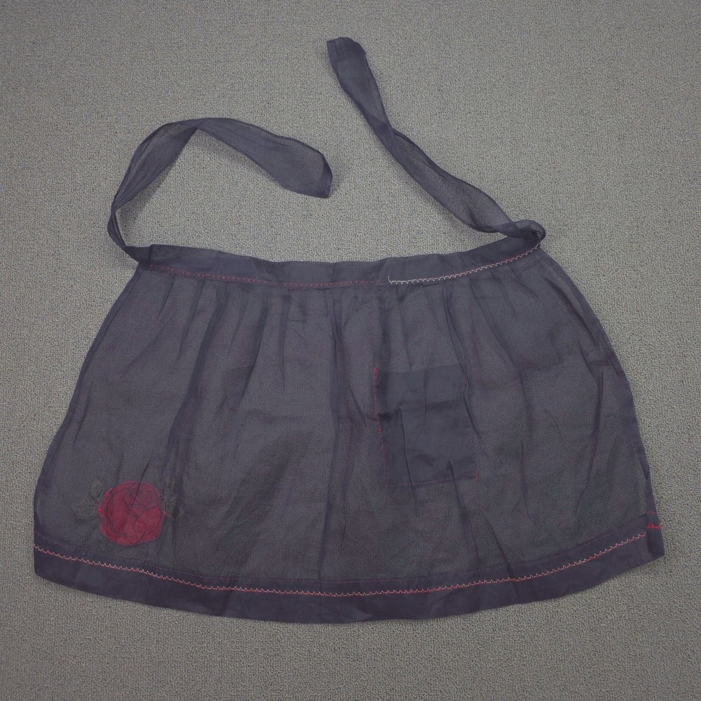 Vintage Black Sheer Half Apron Red Rose Applique Contrast Stitch Pocket Retro - Picture 2 of 6